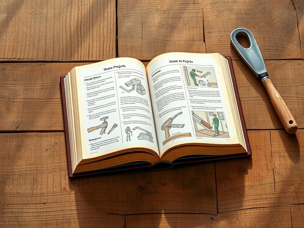 A rustic, high-resolution image of an open book showcasing various home repair projects with detailed illustrations. The background features natural wood textures and earthy tones, creating a warm and inviting atmosphere. The book should be centered in the composition, with soft natural lighting highlighting the pages and emphasizing the step-by-step DIY projects.