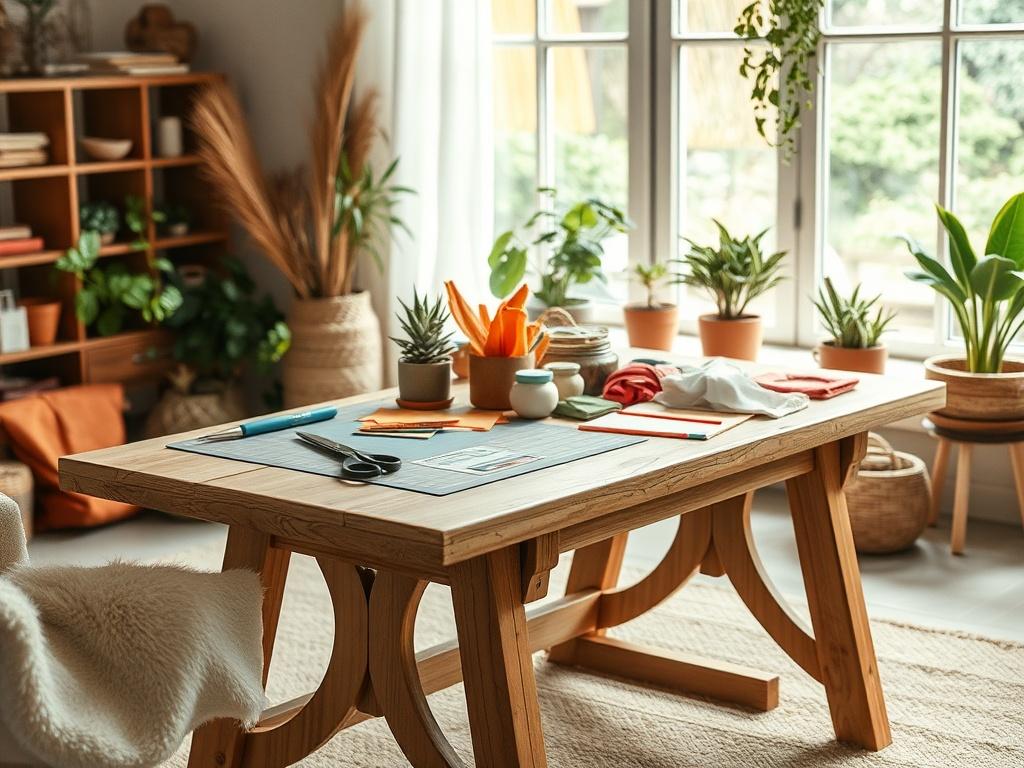 A realistic high-resolution photo of a beginner-friendly crafting workspace. The scene should feature a simple wooden table with various crafting tools like scissors, a cutting mat, and colorful materials such as fabric and paper. The background should have natural lighting coming through a window, with plants in earthy pots visible, creating a warm and inviting atmosphere. The overall color scheme should complement earthy textures and tones, with accents of the primary color rgb(115, 212, 17).