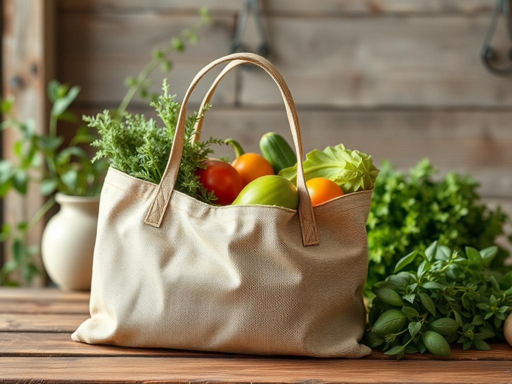 **AI Image Generation Prompt:**

Create a realistic high-resolution photo that represents the blog post titled "10 Budget-Friendly Sustainable Products You Need". The composition should be simple and clear, featuring a single subject: a stylish, eco-friendly product like a reusable shopping bag made from natural fibers. This bag should be filled with organic produce, emphasizing the sustainable theme. 

Set the scene against a rustic wooden table that captures earthy textures, complemented by natural lighti