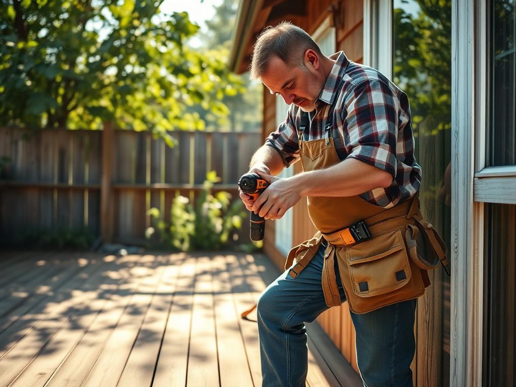 A high-resolution photo of a skilled handyman repairing a wooden deck in a sunlit backyard. The handyman, wearing a tool belt, is focused on tightening screws with a power drill. The rustic wooden deck is surrounded by lush greenery, creating a natural and earthy atmosphere. The sunlight filters through the trees, adding warmth to the scene. The overall aesthetic is grounded and inviting, showcasing the importance of home repair with a touch of tranquility.