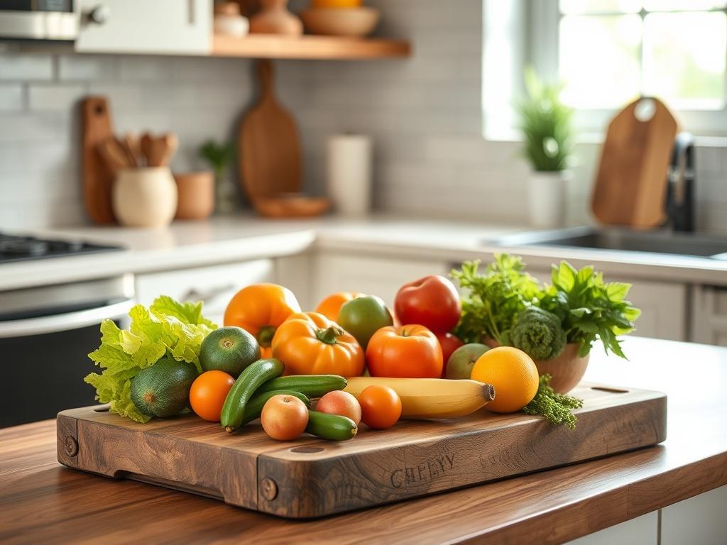 Create a realistic high-resolution photo for a blog titled "Top 10 Money-Saving Hacks for Everyday Living." The image should feature a single subject: a well-organized, aesthetically pleasing kitchen counter. The focus should be on a rustic wooden cutting board displaying a variety of fresh, seasonal fruits and vegetables, symbolizing healthy, budget-friendly eating. 

In the background, incorporate soft natural light filtering through a window, illuminating the counter and creating a warm, inviting atmosph