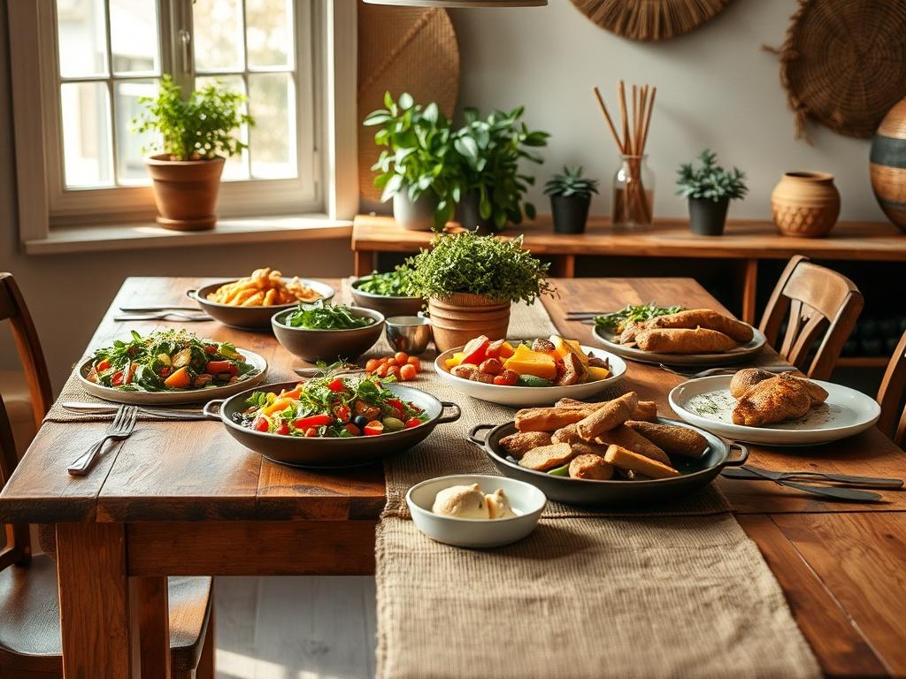 A realistic high-resolution photo of a beautifully arranged wooden dining table featuring a family meal. The table is set with various colorful dishes, including a vibrant salad, roasted vegetables, and a hearty main course. Natural lighting filters through a nearby window, casting warm tones on the rustic table. The background features earthy textures, like a woven table runner and potted herbs, creating a cozy, inviting atmosphere. The overall composition is simple and clear, focusing solely on the meal a