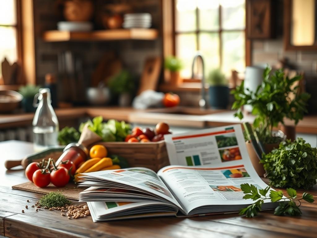 A rustic kitchen countertop featuring an open meal planning guide with colorful, fresh ingredients such as vegetables, grains, and herbs spread around. The background is softly blurred to highlight the guide, with warm natural light illuminating the scene. The color scheme incorporates earthy tones and textures, creating a cozy and inviting atmosphere, while the vibrant green accents evoke a sense of freshness and sustainability.