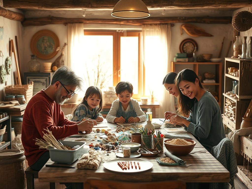A cozy, rustic crafting workshop scene featuring a family gathered around a table, creating art from recycled materials. The room is filled with warm, earthy tones, wooden elements, and various crafting supplies scattered about. Sunlight gently filters through a window, illuminating the scene and showcasing the family's joyful expressions as they engage in their creative process.