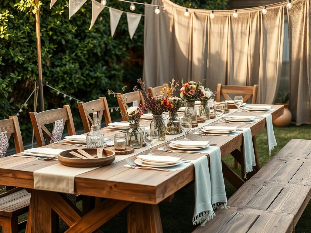 A beautifully decorated rustic party setting featuring a large wooden table adorned with earthy tones and natural textures. The scene includes handmade decorations, such as mason jar centerpieces filled with wildflowers, and a backdrop of soft, neutral-colored bunting. The lighting is warm and inviting, showcasing a cozy outdoor atmosphere, surrounded by lush greenery. The composition is simple, focusing solely on the table setup to highlight the creative and crafty solutions for a memorable celebration.