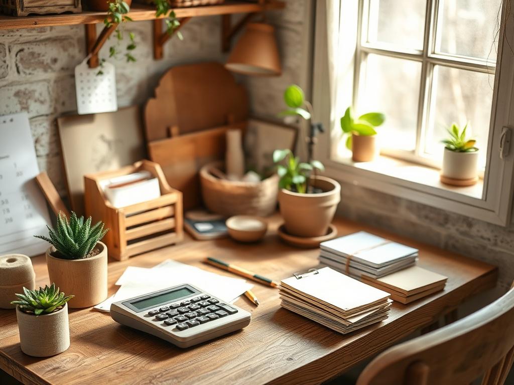 A high-resolution photo of a cozy, rustic home workspace featuring a wooden desk cluttered with eco-friendly budgeting tools, like a bamboo calculator, cloth reusable notepads, and a potted plant. Natural light streams in through a window, illuminating the earthy textures of the room, creating a warm and inviting atmosphere.