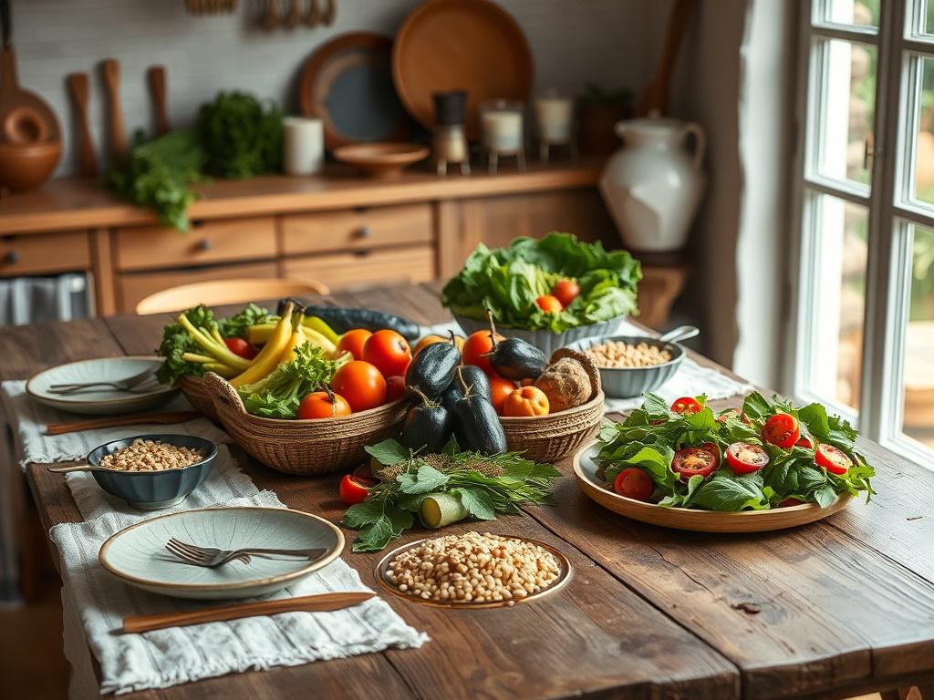 A rustic kitchen table set with a healthy meal, featuring colorful vegetables and grains, in natural lighting. The setting has earthy textures, wooden utensils, and a warm, inviting atmosphere.