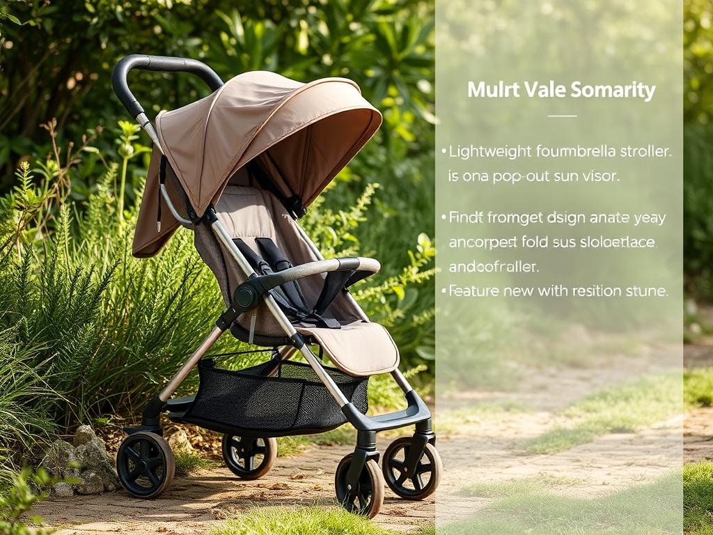 Create a realistic high-resolution image of a lightweight umbrella stroller. The stroller should be positioned in a natural outdoor setting, surrounded by greenery. The stroller features a compact fold design and a canopy with a pop-out sun visor. The colors should be earthy and natural, reflecting a grounded aesthetic. The stroller should appear inviting and practical, showcasing its multi-position recline feature. Ensure the background is simple, with soft natural light enhancing the stroller's details.