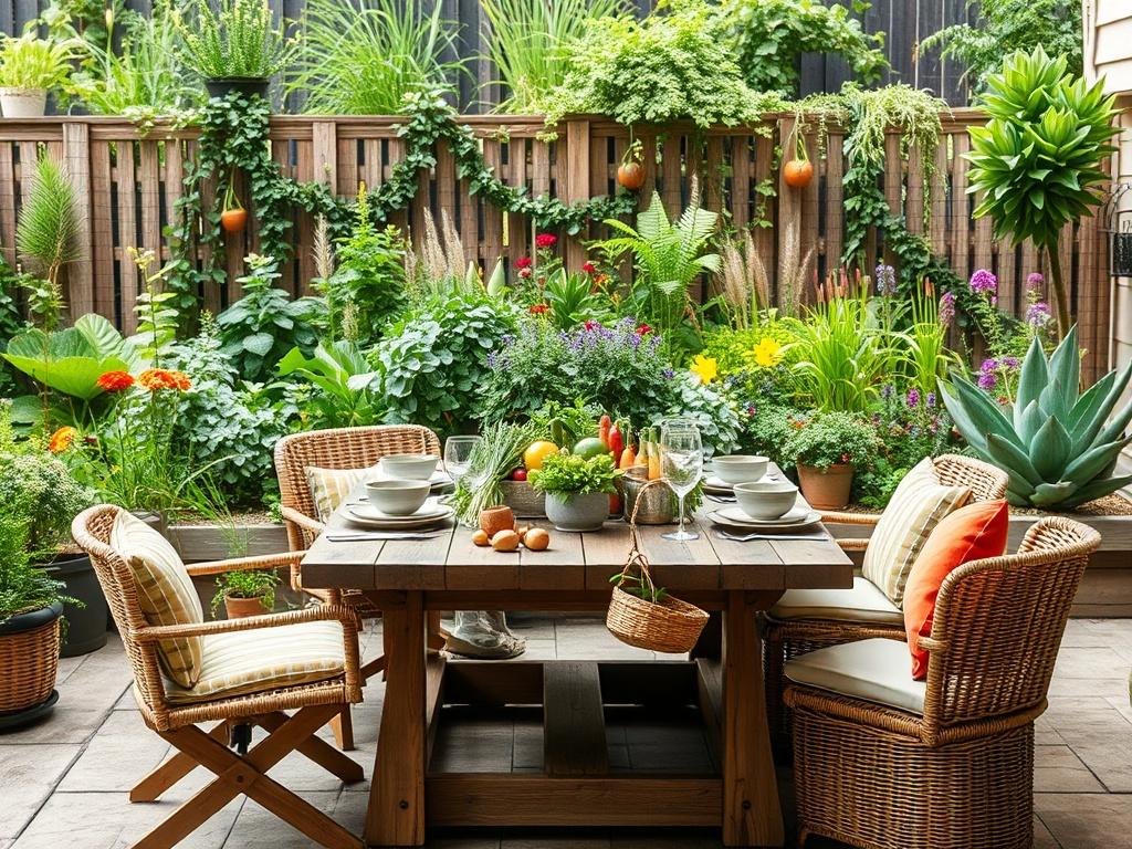 **AI Image Generation Prompt:**

Create a highly detailed, realistic high-resolution photo that embodies the theme "Entertain in an Edible Garden Patio." The image should feature a single subject: a beautifully arranged patio setting designed for entertaining. 

The patio should be adorned with a rustic wooden table, set with a simple yet elegant outdoor dining arrangement, including eco-friendly tableware and vibrant, fresh ingredients like herbs and vegetables harvested from the surrounding garden. Surrou