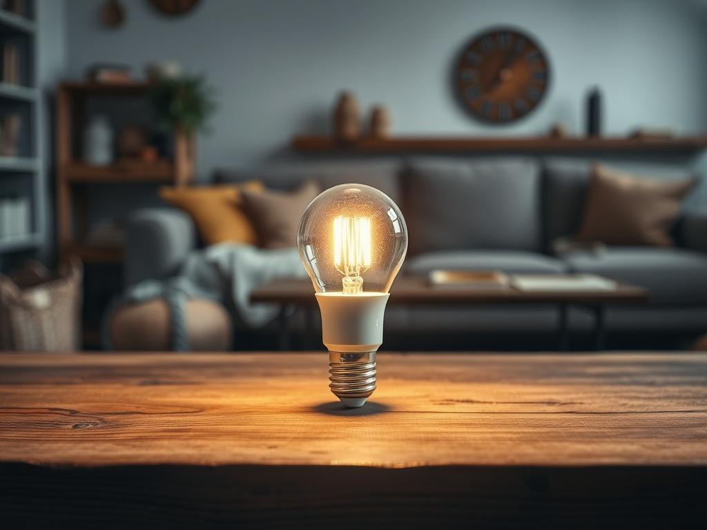 A high-resolution image of an energy-efficient LED bulb glowing softly on a rustic wooden table. The background should feature a cozy living room setting with warm earthy tones and natural textures, highlighting the bulb's modern design.