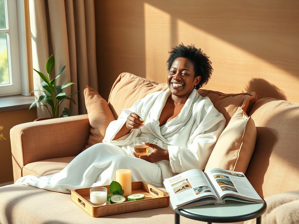 **Image Prompt for AI Image Generator:**

Create a realistic high-resolution photo that captures the essence of a "Staycation." The focal point of the image should be a cozy and inviting living room setting that resembles a serene vacation spot. In the center, feature a single subject: a person lounging comfortably on a plush sofa, smiling and enjoying a DIY spa day at home. The person, a middle-aged individual of diverse descent, is seen wearing a soft robe and sipping herbal tea, with a tray of homemade s