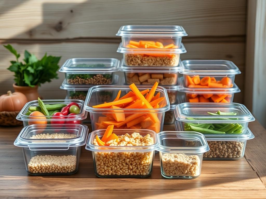 A single, high-resolution image of a set of budget-friendly meal prep containers, showcasing various sizes and compartments. The containers should be made of clear, BPA-free plastic, with a rustic wooden table as the background. Natural light should illuminate the scene, highlighting the freshness of meal ingredients like colorful vegetables and grains inside the containers. The overall aesthetic should reflect earthy tones and textures, creating a grounded and inviting atmosphere.