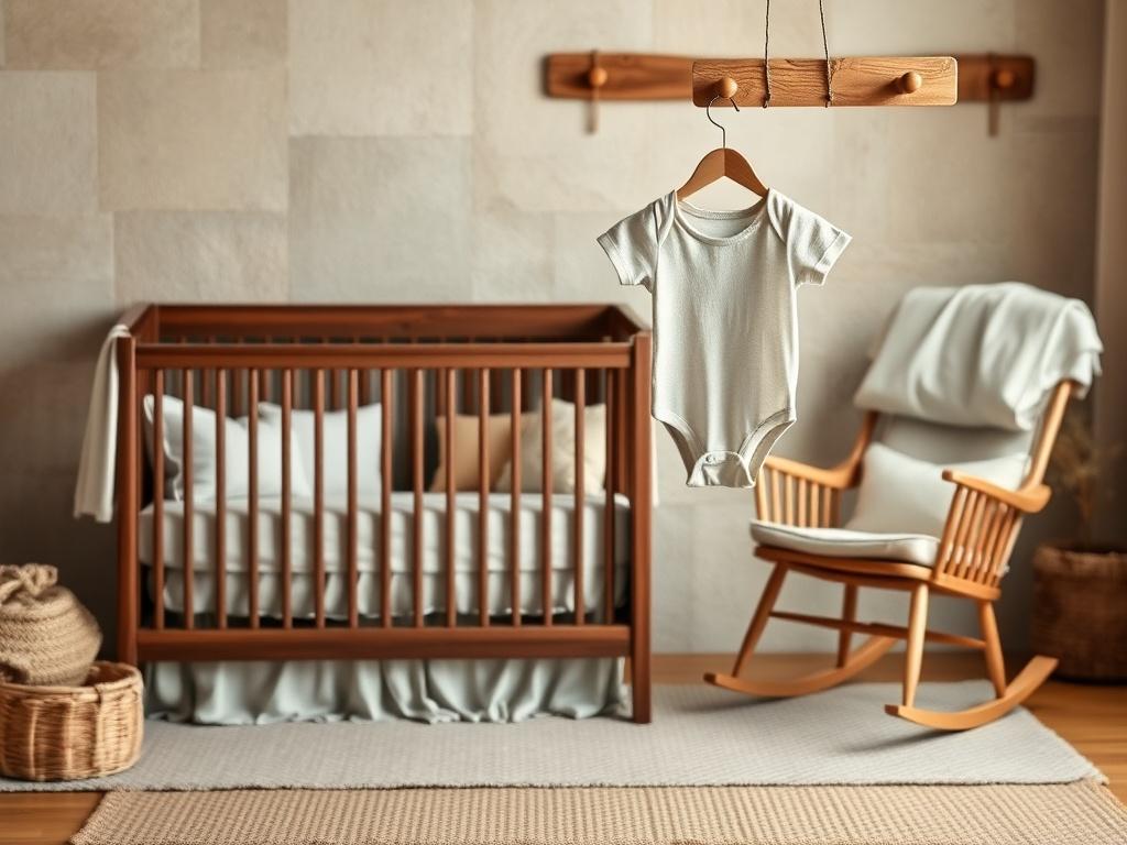 A serene nursery scene featuring a beautifully arranged crib with soft linens and a cozy rocking chair. The background showcases earthy textures with natural wooden elements and warm, inviting tones. A single adorable baby onesie hangs on a rustic wooden hook, symbolizing the joy of welcoming a new baby while emphasizing budget-friendly choices. The overall composition should feel calm and nurturing, reflecting the essence of preparing for a new family member.
