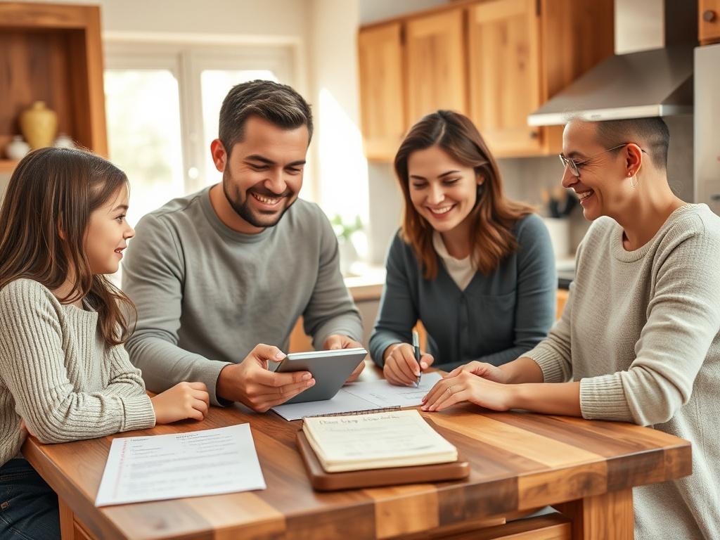 Create a realistic, high-resolution image that captures the essence of a blog titled "Top 10 Money-Saving Hacks for Families." The composition should be simple and clear, featuring a single subject in the center: a cheerful family of four gathered around a kitchen table, engaging in a budgeting session. The parents should be smiling and actively discussing while using a calculator, writing notes, and surrounded by a few household bills and a notepad with a list of money-saving strategies written on it. 

Th