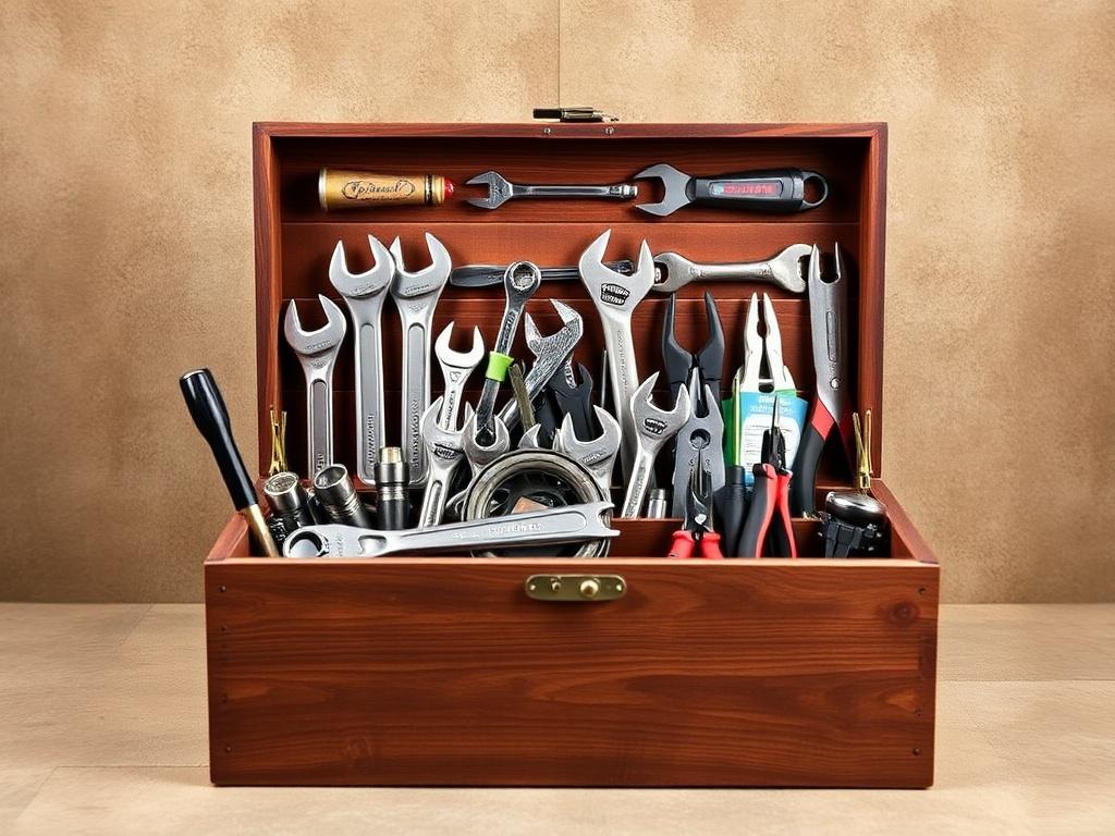 A realistic high-resolution photo of an 148 Piece Automotive and Household Tool Set displayed neatly in a rustic wooden toolbox. The tools should be arranged clearly to show variety, including wrenches, screwdrivers, and pliers, all in natural tones with earthy textures. The background should be a simple, textured surface, suggesting a warm, grounded aesthetic.