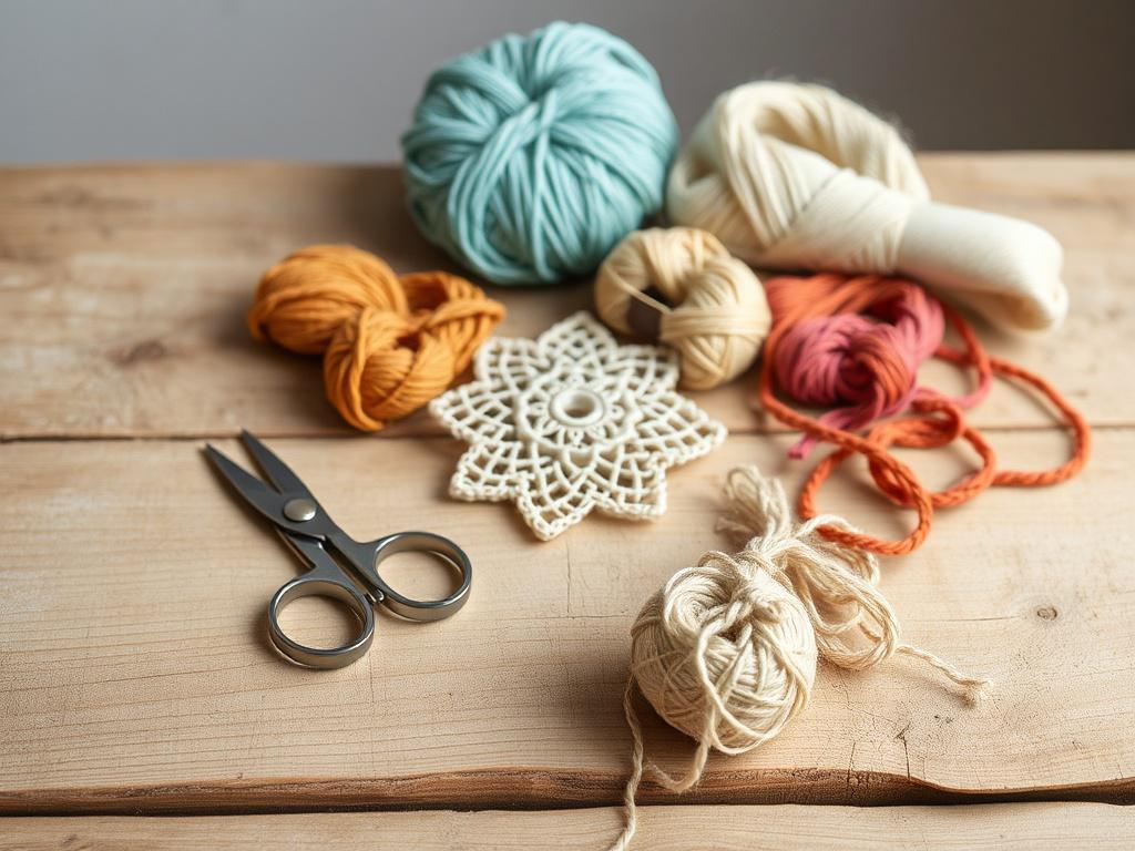 A simple and clear composition featuring a rustic wooden table with an array of crafting supplies including colorful yarn, scissors, and a handmade decorative item in the center. The background should be softly blurred, highlighting the earthy tones and textures of the materials, evoking a warm and inviting atmosphere.