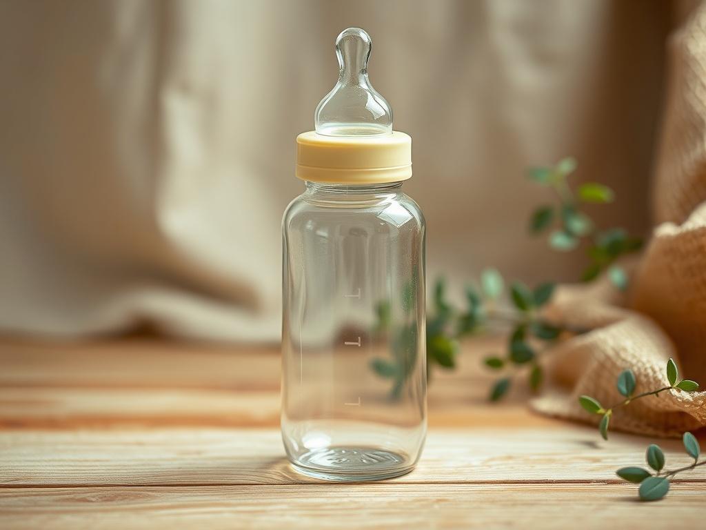 A realistic high-resolution image of a single Glass Baby Bottle with Natural Response Nipple. The bottle should be showcased in a well-lit setting, emphasizing its clear glass design and smooth contours. The background should feature soft, earthy textures, such as a wooden table or a woven fabric, to enhance the rustic aesthetic. The color palette should include natural tones that complement the bottle's glass, with a hint of green (rgb(115, 212, 17)) subtly integrated into the scene.