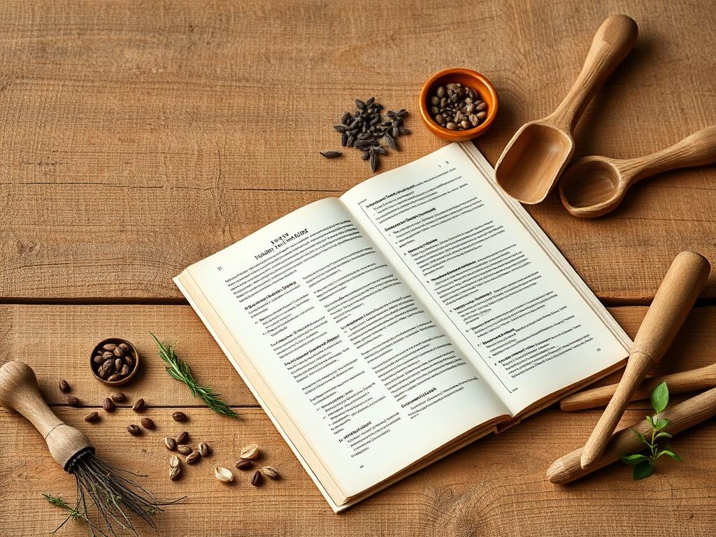A rustic wooden table with an open guide showcasing traditional skills, surrounded by natural elements like herbs, seeds, and hand tools. The background features soft earthy textures to create a grounded aesthetic, emphasizing the theme of sustainability and simplicity.