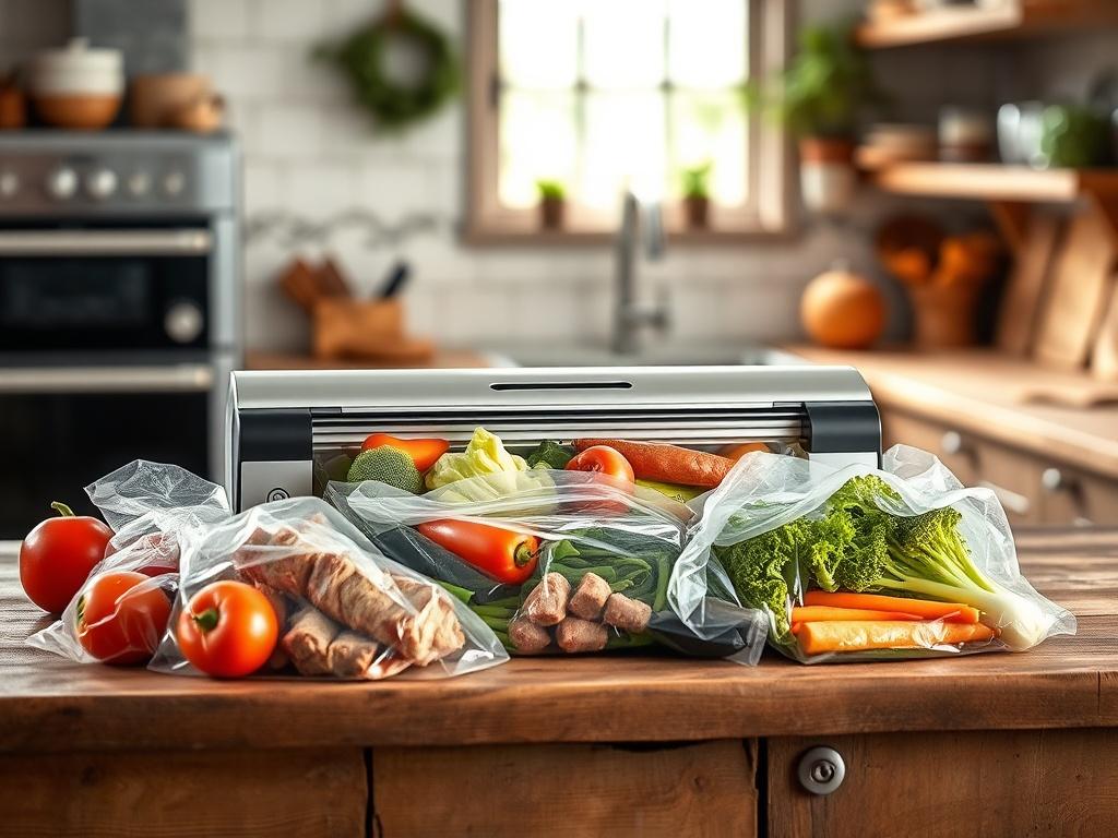 A high-resolution image of a sleek and modern vacuum sealer machine placed on a rustic wooden kitchen countertop. The machine is surrounded by vacuum-sealed bags filled with various fresh foods, such as vegetables and meats. The background features a softly lit kitchen with earthy tones and natural textures, enhancing the grounded and rustic aesthetic. The overall composition is simple and clear, focusing on the vacuum sealer as the main subject.