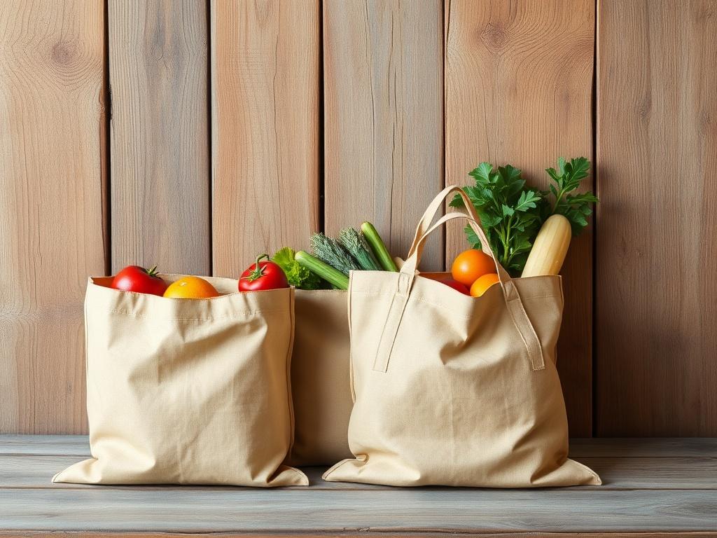 A high-resolution image of a set of eco-friendly reusable grocery bags displayed against a rustic wooden background. The bags should be filled with fresh fruits and vegetables to showcase their utility. The colors of the bags should be earthy, with natural tones and textures that reflect sustainability. The lighting should be warm and inviting, emphasizing the bags' eco-friendly nature.