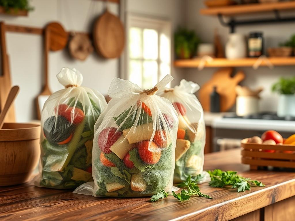 A high-resolution image of compostable kitchen waste bags filled with vegetable scraps on a wooden kitchen countertop. The bags should be prominently displayed, emphasizing their eco-friendly design. The background should feature elements of a rustic kitchen, with natural light illuminating the scene, creating a warm and inviting atmosphere.