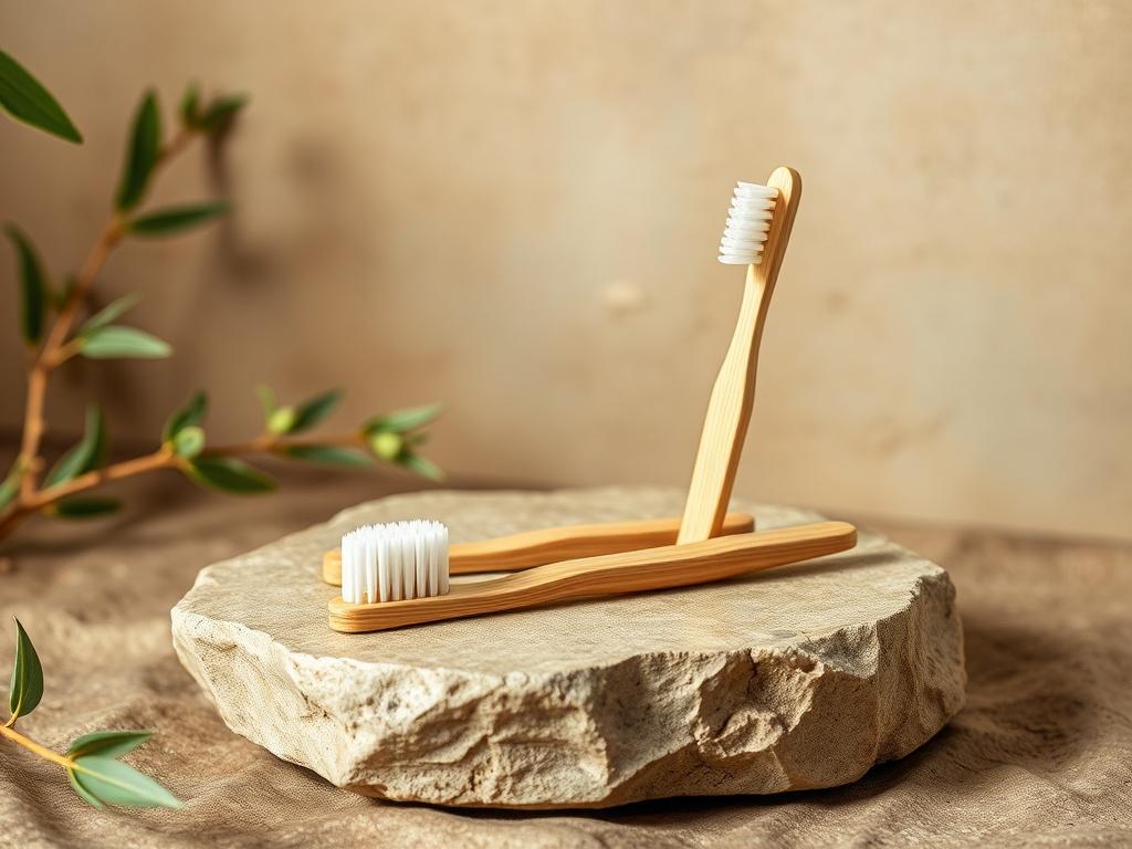 A realistic high-resolution image of a bamboo toothbrush set displayed on a natural stone surface. The toothbrushes should be arranged elegantly, with one slightly angled to showcase its bristles. The background should consist of soft, muted earthy tones to highlight the natural materials. The lighting should create a serene and organic ambiance, emphasizing the eco-friendly aspect.