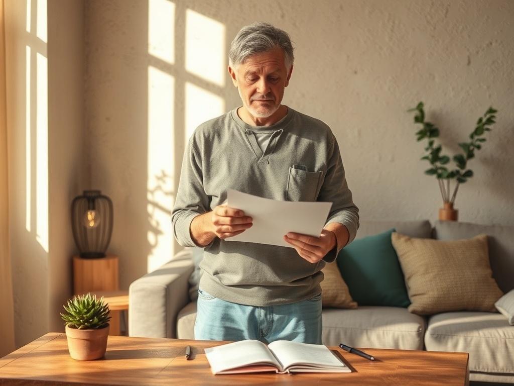 **AI Image Generation Prompt:**

Create a realistic high-resolution image that visually represents the concept of distinguishing between needs and wants. The composition should be simple and clear, focusing on a single subject: a person thoughtfully standing in a cozy, earthy-toned living room, contemplating a shopping list in their hand. This individual, a middle-aged person with a serene expression, should have casual attire, embodying an approachable, grounded vibe.

The background should feature natural