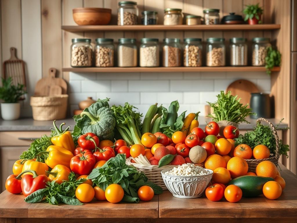 **Image Prompt for AI Image Generation:**

Create a realistic high-resolution photo that captures the essence of frugal living while focusing on grocery savings. Center the composition around a beautifully arranged wooden kitchen table, displaying an array of fresh, colorful fruits and vegetables, such as vibrant bell peppers, ripe tomatoes, leafy greens, and juicy oranges. Ensure that these groceries are not only appealing but also suggest a variety of dishes that can be prepared, emphasizing the idea of w