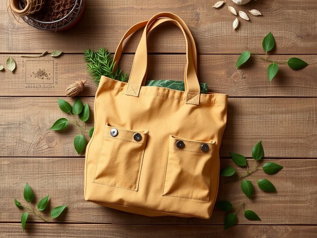 A realistic high-resolution photo of an Eco-friendly Reusable Canvas Grocery Bag. The bag is XL size with pockets, featuring a long shoulder strap and a short handle. It is placed on a rustic wooden surface, surrounded by natural elements like green leaves and earth-toned textures. The colors should be warm, reflecting an earthy aesthetic, emphasizing the bag's eco-friendly nature.
