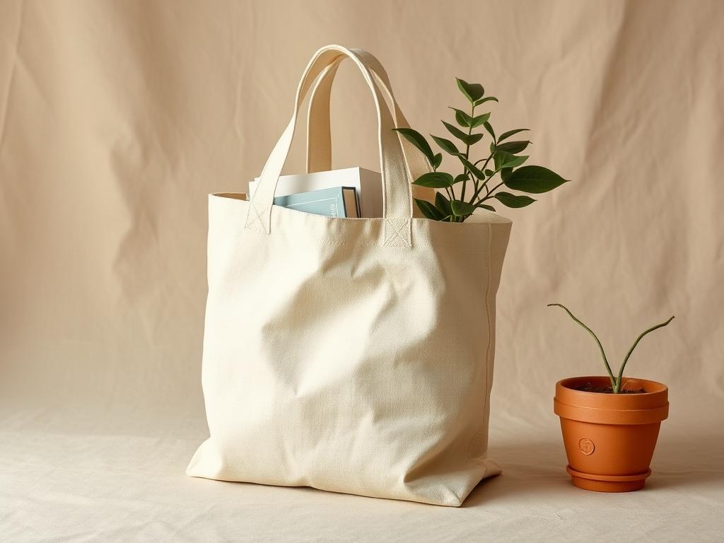 A realistic high-resolution photo of an organic cotton tote bag placed on a neutral background. The bag should be filled with various items like books, a reusable water bottle, and a potted plant, showcasing its spaciousness. The colors should be earthy and natural, emphasizing the sustainable nature of the cotton.