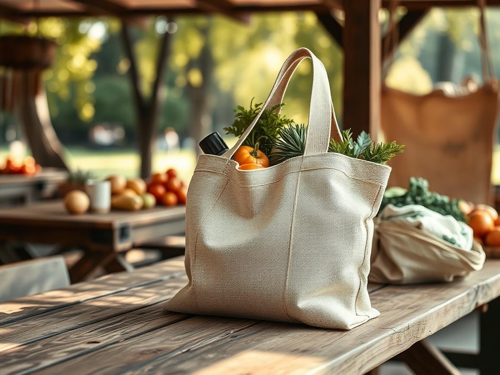 A realistic high-resolution photo of an eco-friendly reusable bag made from natural fibers, displayed in an outdoor shopping environment. The bag should be filled with fresh produce and a few personal items, showcasing its spaciousness. The background should feature a rustic wooden table with soft sunlight filtering through trees, creating a warm and inviting atmosphere.