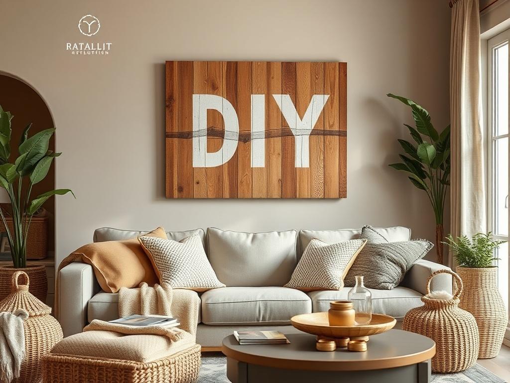A cozy living room scene featuring a beautifully crafted DIY home decor item, such as a rustic wooden wall art piece, prominently displayed. The background includes warm, earthy tones with soft lighting, showcasing a comfortable sofa and textured cushions. Natural textures like woven baskets and plants complement the decor, creating an inviting and chic atmosphere that embodies effortless home styling.