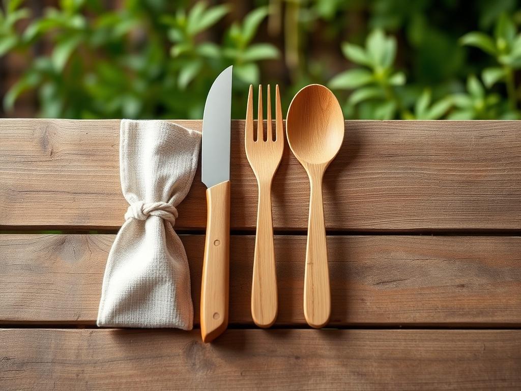 A realistic high-resolution photo of a bamboo cutlery set arranged neatly on a rustic wooden table. The set should include a knife, fork, and spoon, displayed alongside a small cotton pouch. The background should feature a soft, natural outdoor setting with greenery, emphasizing the eco-friendly aspect of the cutlery.