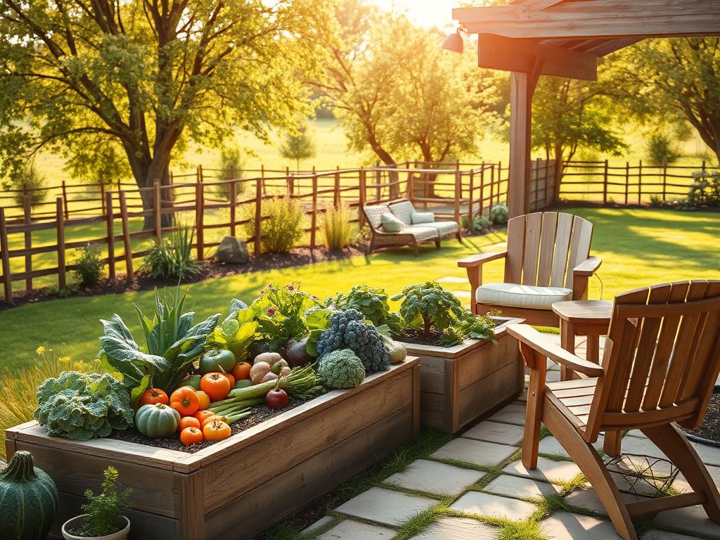 A rustic backyard scene featuring a raised garden bed filled with vibrant vegetables, alongside a cozy patio area with natural wood furniture. The background should showcase a lush green lawn and surrounding trees, bathed in warm, natural sunlight, creating an inviting and tranquil atmosphere.
