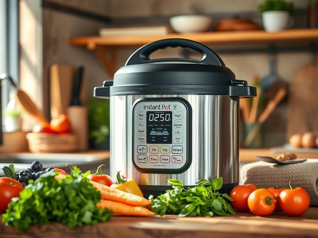 A realistic high-resolution image of the Instant Pot, showcasing its sleek design and multiple functions. The pot should be placed on a rustic wooden kitchen countertop, surrounded by fresh vegetables and herbs, with soft natural lighting illuminating the scene. The background should have earthy tones, emphasizing the grounded aesthetic of a cozy kitchen environment.