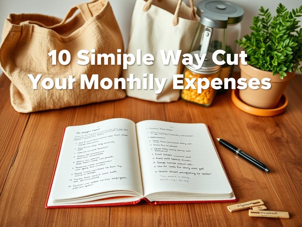 Create a realistic high-resolution photo that embodies the theme of the blog title "10 Simple Ways to Cut Your Monthly Expenses." The image should feature a well-organized wooden kitchen table as the main subject. Place a single, open notebook with a pen positioned next to it, showcasing clearly written budget planning notes and money-saving tips. 

In the background, include a subtle arrangement of eco-friendly products, such as reusable shopping bags, glass food storage containers, and a potted plant, hin