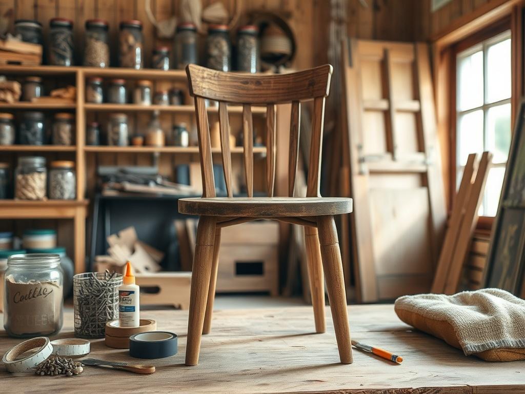 Create a realistic high-resolution photo showcasing a single, well-used wooden chair that has seen better days, positioned in the center of the frame. The chair should exhibit subtle signs of wear: a small crack in one of the legs, and a torn upholstery patch. Display tools and supplies around the chair to emphasize the theme of DIY furniture repair—include a roll of duct tape, wood glue, a small paintbrush, and a fabric swatch in earthy tones. The background should feature a warm, rustic workshop setting w