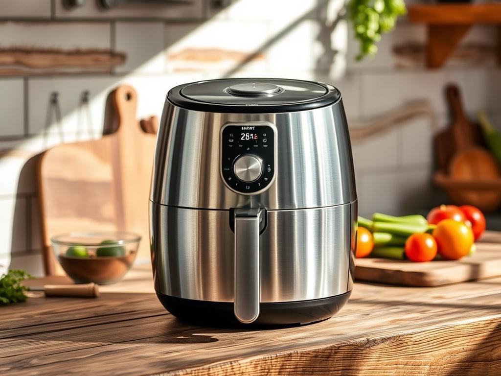 A realistic high-resolution image of a sleek, modern Air Fryer placed on a rustic wooden kitchen countertop. The Air Fryer should be the focal point, showcasing its shiny metallic finish and intuitive control panel. The background features earthy textures, such as a wooden cutting board and fresh vegetables, creating a warm, inviting atmosphere. Natural sunlight streams in, casting soft shadows, highlighting the Air Fryer's design.