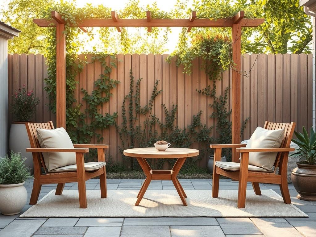 **Prompt for AI Image Generator:**

Create a realistic high-resolution photo depicting a beautifully arranged patio scene featuring budget-friendly outdoor furniture. The central subject of the image should be a charming, well-crafted set of patio furniture made from reclaimed wood or sustainable materials, showcasing a cozy table with two accompanying chairs. The furniture should be styled with soft, earthy-toned cushions that invite relaxation without breaking the bank.

The background should feature a se