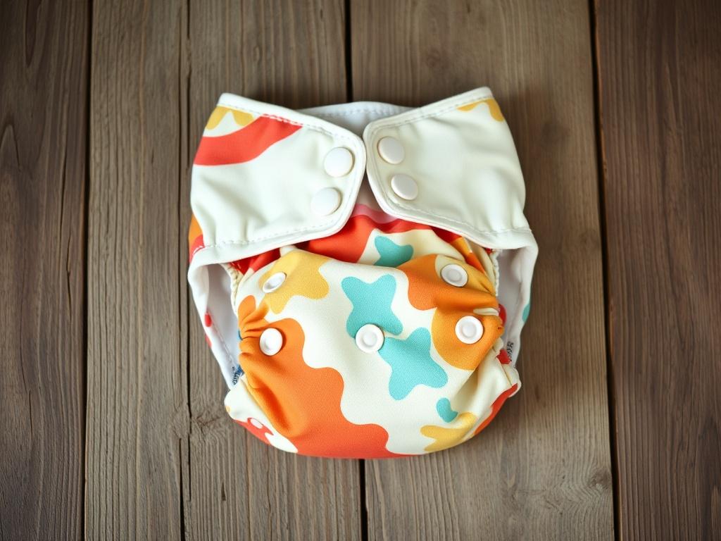 A realistic high-resolution photo of a soft, colorful cloth diaper laid flat on a rustic wooden surface. The diaper should have adjustable snaps and a vibrant pattern. The background should be simple and natural, with soft natural lighting to enhance the earthy tones and textures, evoking a grounded, rustic aesthetic.