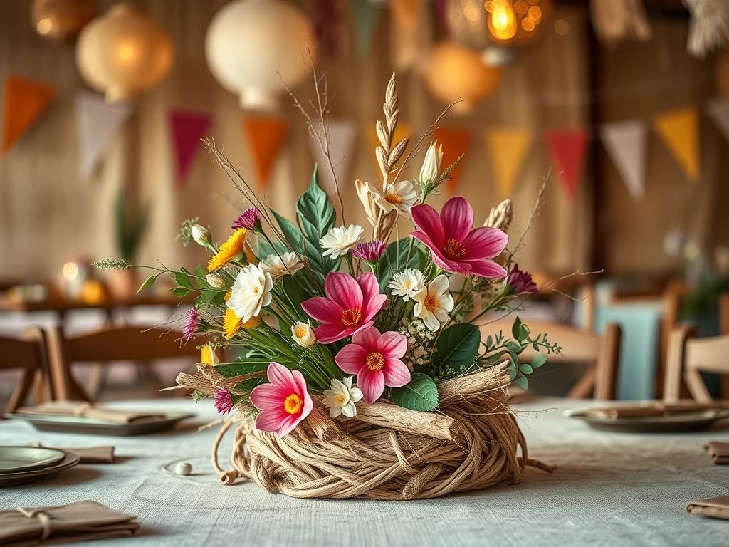 Create a highly detailed, realistic high-resolution image depicting a single, beautifully arranged party decoration crafted from natural materials. The central subject should be a handmade table centerpiece, showcasing an arrangement made from biodegradable elements like twine, paper flowers, and driftwood, elegantly styled to reflect a festive yet rustic aesthetic. 

The centerpiece should be vibrant and inviting, incorporating the rich, earthy tones of greens, browns, and splashes of color from the flower