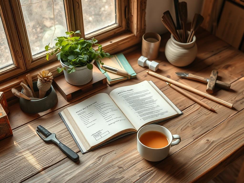 A beautifully arranged rustic workspace featuring a wooden table with tools, budgets, and a plant. The scene captures a warm, earthy aesthetic with natural tones, showcasing a single open DIY guidebook with handwritten notes and a cup of tea beside it. Soft sunlight filters through a nearby window, creating a cozy atmosphere that invites creativity and productivity.