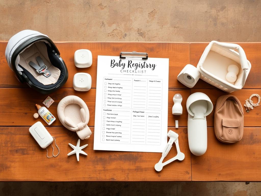 A realistic high-resolution photo of a stylish and organized baby registry checklist displayed on a rustic wooden table. The checklist should be neatly arranged with a variety of baby products including a car seat, stroller, crib, high chair, monitor, carrier, breast pump, and bassinet subtly arranged around it. The background should feature earthy tones and textures, creating a grounded and inviting atmosphere.