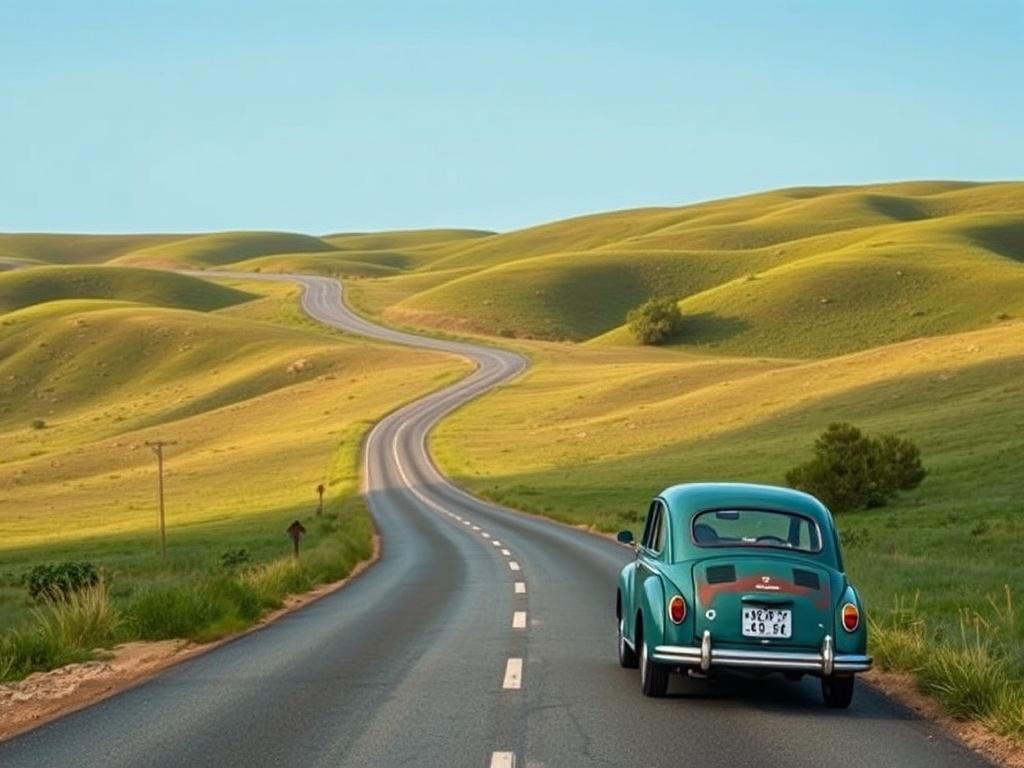 A high-resolution photo of an open road winding through a lush green landscape, with rolling hills and a clear blue sky. In the foreground, a vintage car is parked on the side of the road, inviting travelers to embark on their journey. The scene should have natural tones and earthy textures, capturing the essence of adventure and exploration in a rustic aesthetic.