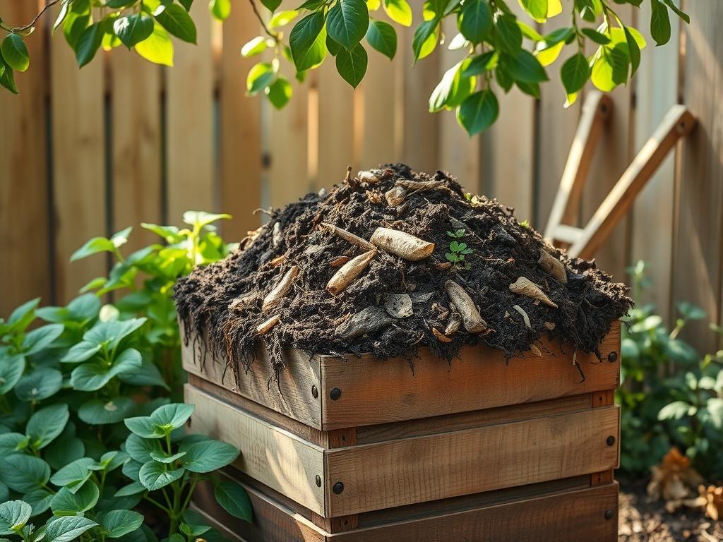 Create a realistic high-resolution photo showcasing a single vibrant, thriving compost bin overflowing with rich, dark compost, surrounded by lush green plants in a rustic backyard setting. The compost should appear full of fresh kitchen scraps like vegetable peels and coffee grounds, mixed with dry leaves and garden waste, visibly illustrating the process of composting.

The background should feature a simple wooden fence, soft earth tones, and understated rustic elements, such as a weathered wooden wheelb