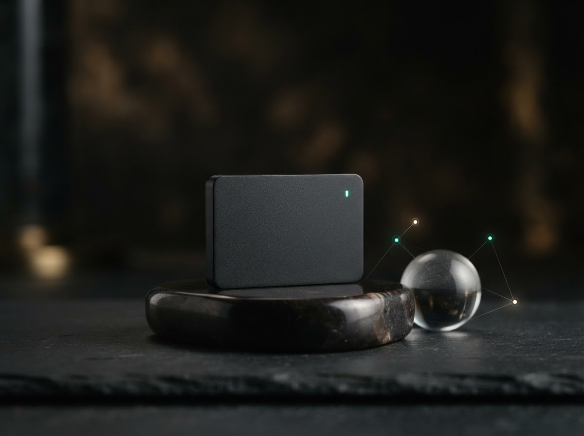 Matte black hardware wallet set on a dark stone plinth beside a softly glowing glass orb