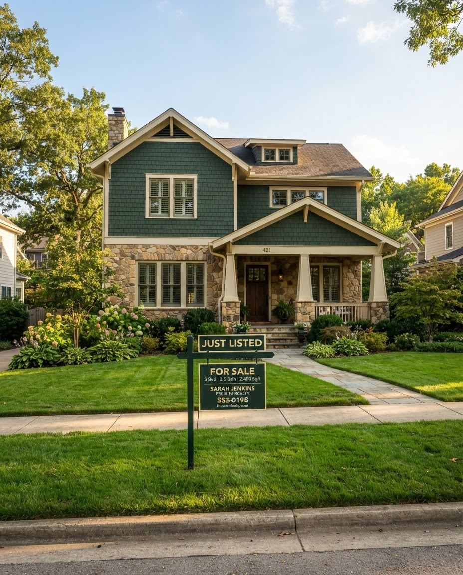 'Just Listed' yard sign on a sunlit front lawn in front of a Cedar County craftsman home