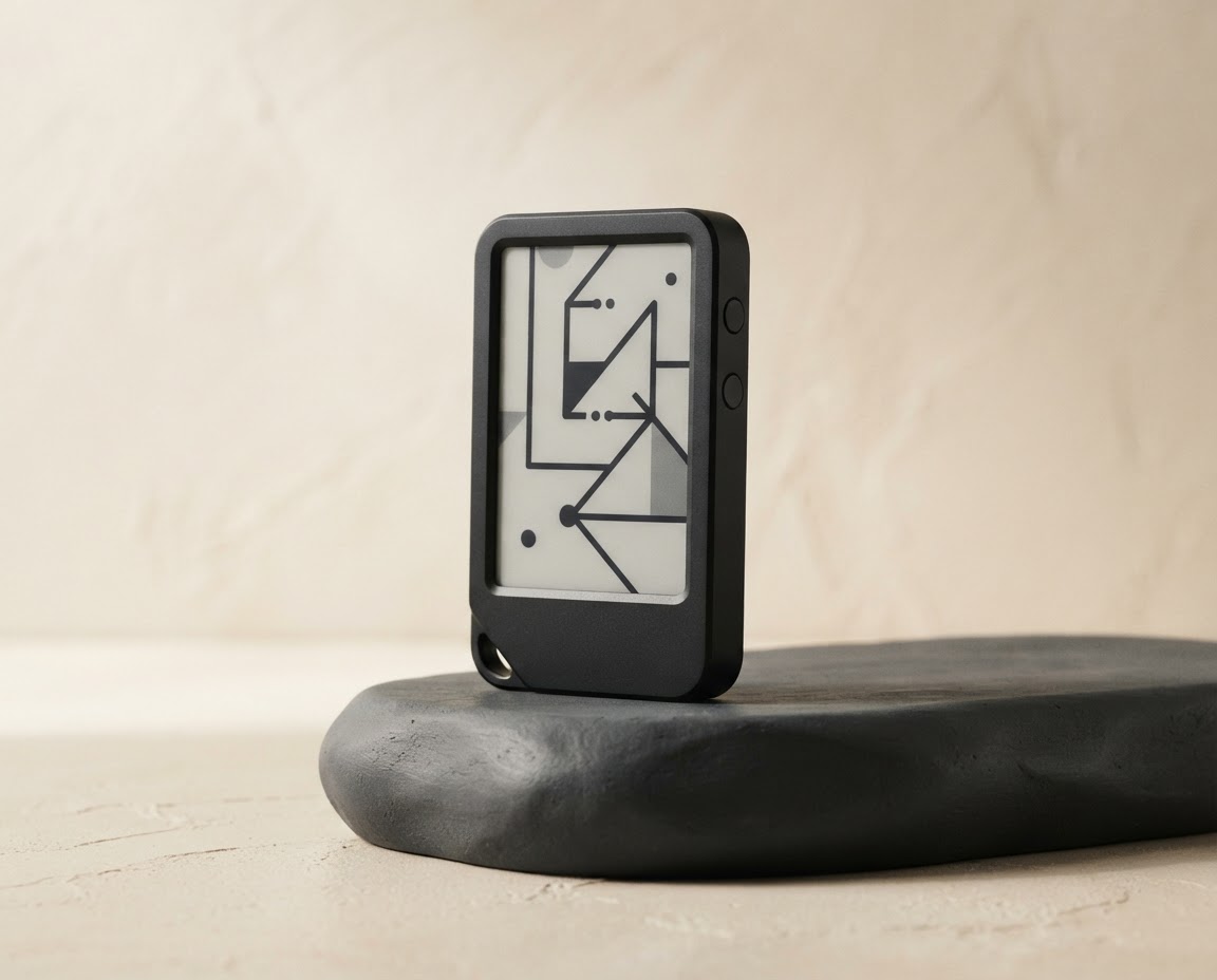 A sleek black crypto security device displayed against a warm neutral backdrop