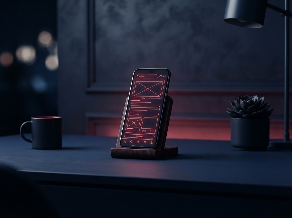 Minimalist mobile app development workspace with a smartphone UI wireframe