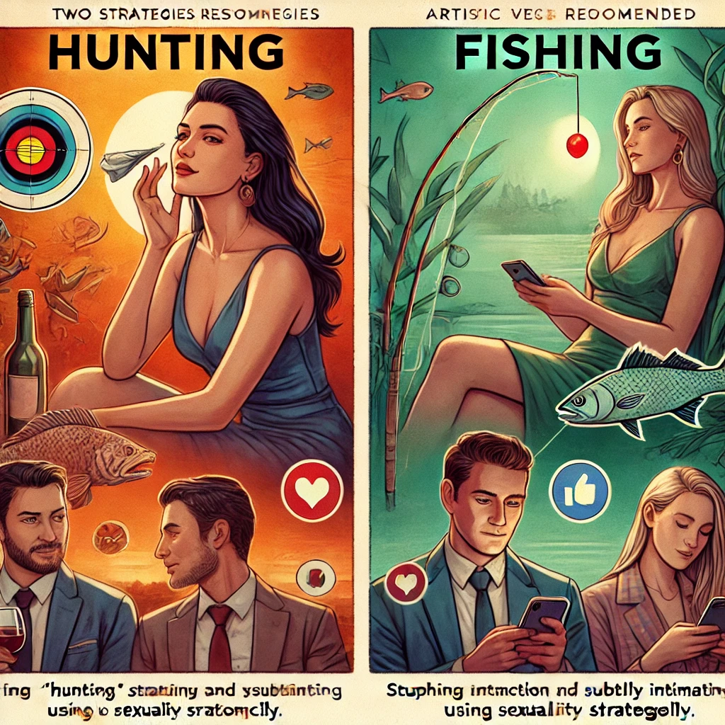 dall·e 2024-07-31 12.29.45 - an artistic illustration highlighting the two strategies recommended by orion taraban_ hunting versus fishing in relationships. the scene should be di.webp